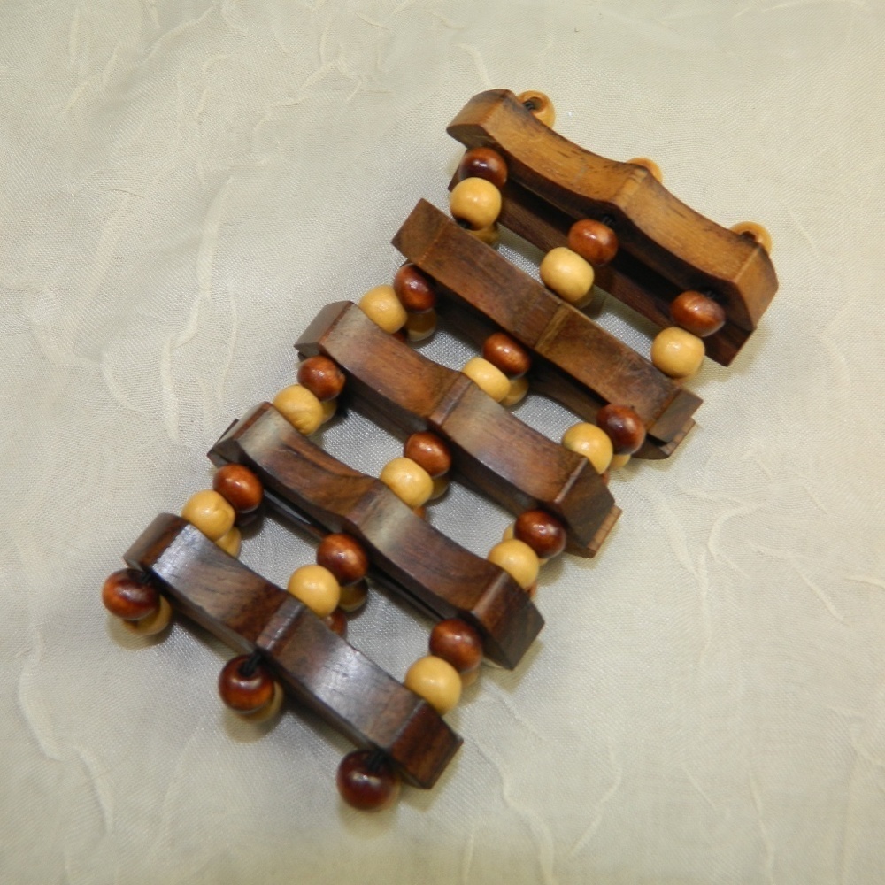 Vintage 1970s Three Tone Wood Bead Stretch Bracelet Boho Hippie Natural Jewelry